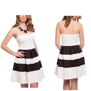 White and black stripe strapless fit & flare dress